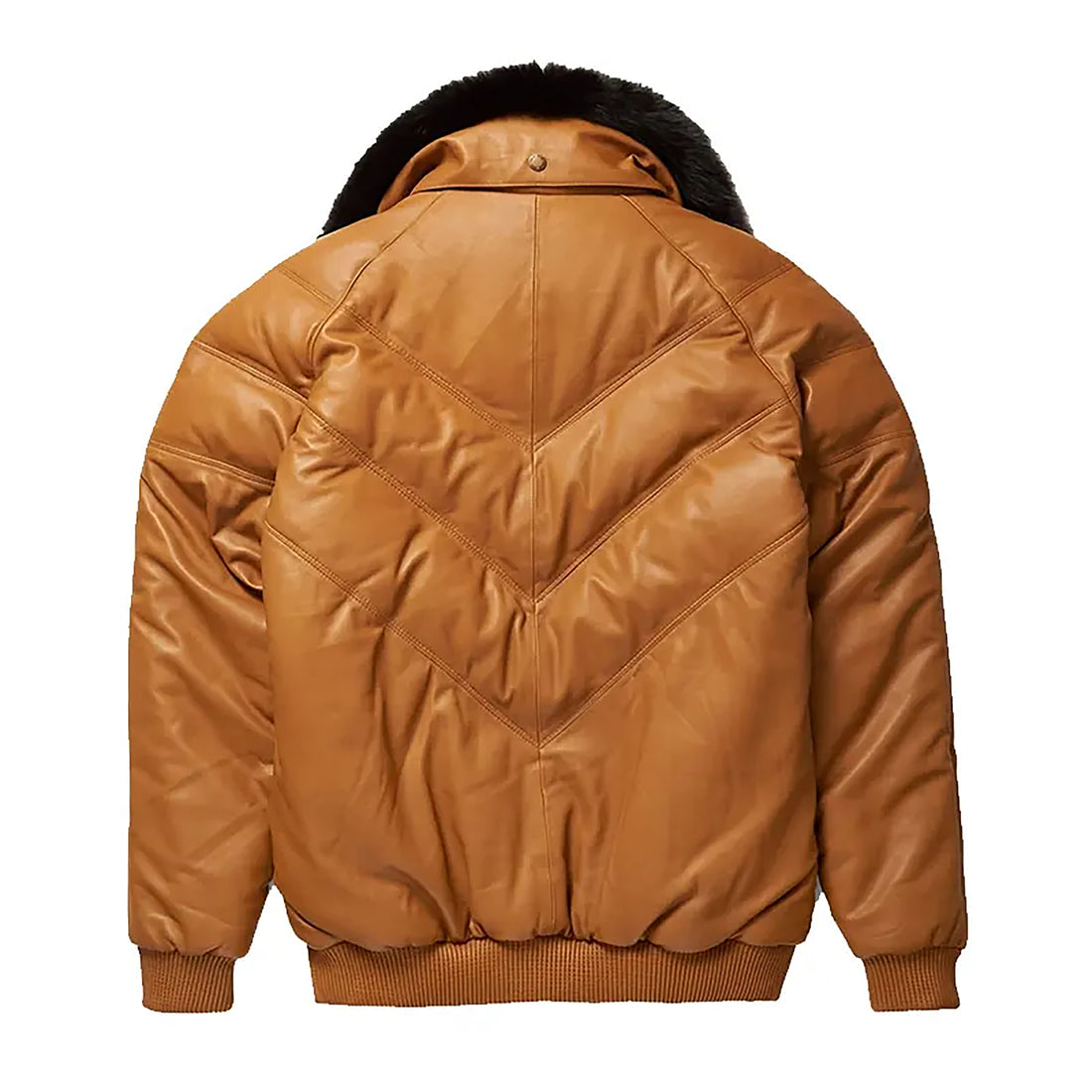 Men's Double Goose Puffer Fox Fur Collar Lambskin Leather V-Bomber Jacket