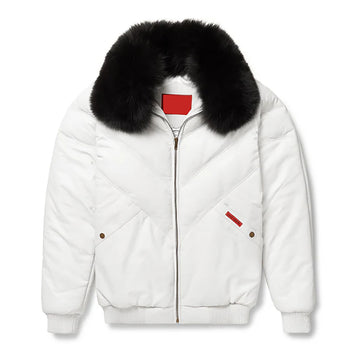 Men's Double Goose Puffer Fox Fur Collar Lambskin Leather V-Bomber Jacket