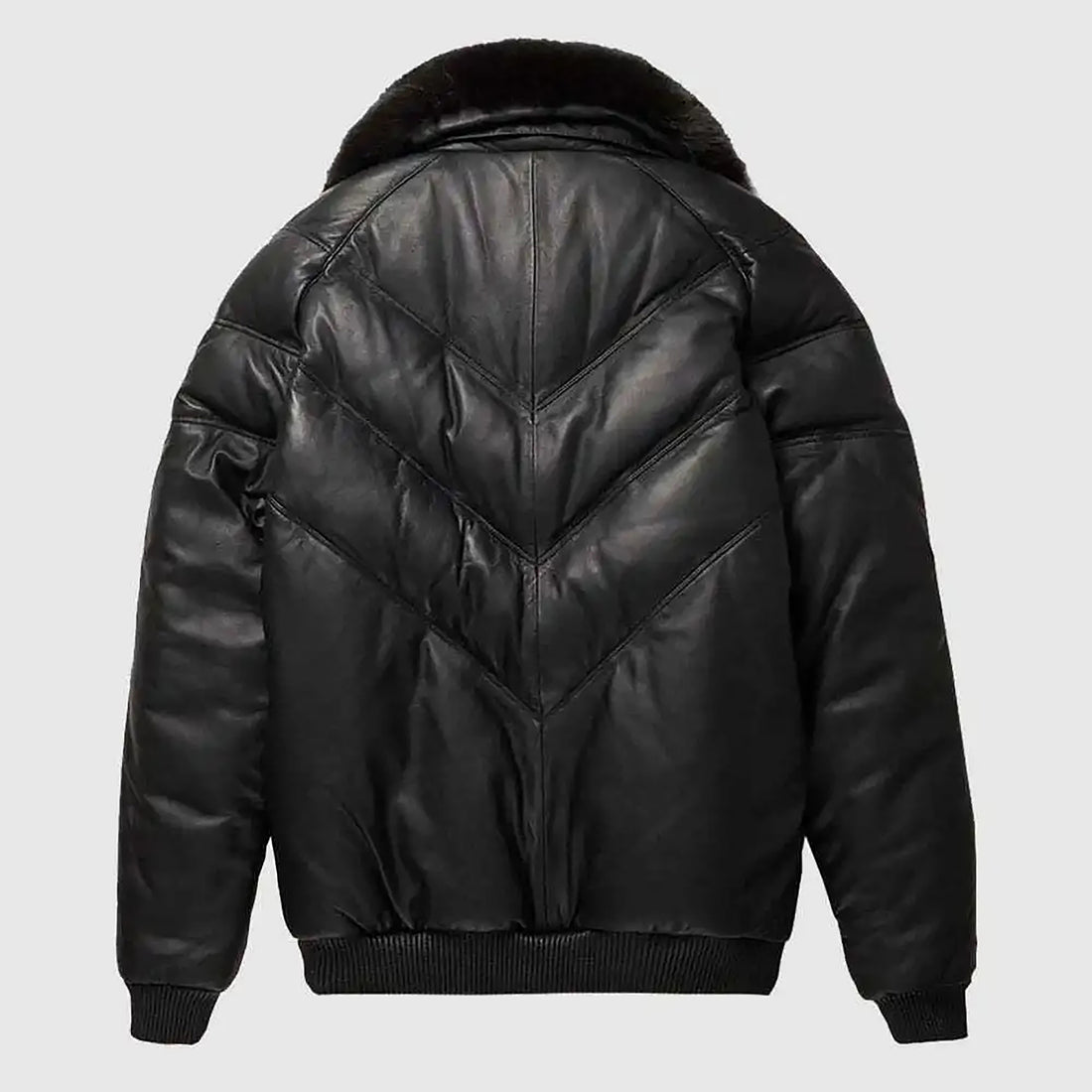 Men's Double Goose Puffer Fox Fur Collar Lambskin Leather V-Bomber Jacket