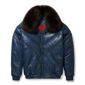 Men's Double Goose Puffer Fox Fur Collar Lambskin Leather V-Bomber Jacket