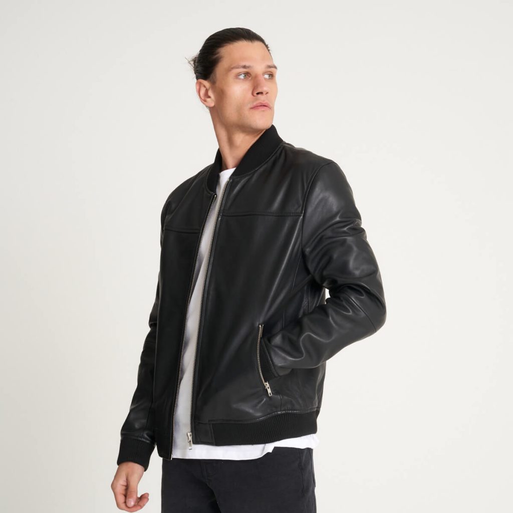 Men’s Black Fine Milled Leather Bomber Jacket