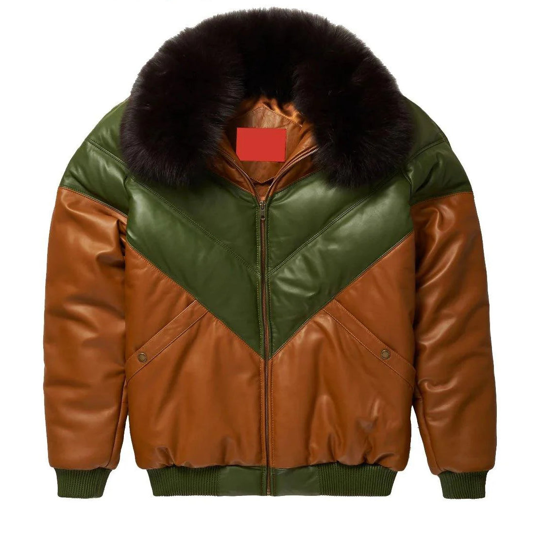 Men's Fox Fur Collar Lambskin Leather V-Bomber Jacket