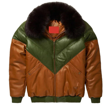 Men's Fox Fur Collar Lambskin Leather V-Bomber Jacket