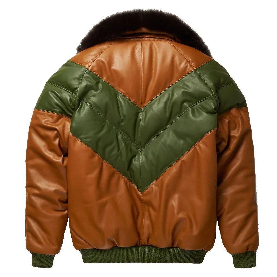 Men's Fox Fur Collar Lambskin Leather V-Bomber Jacket