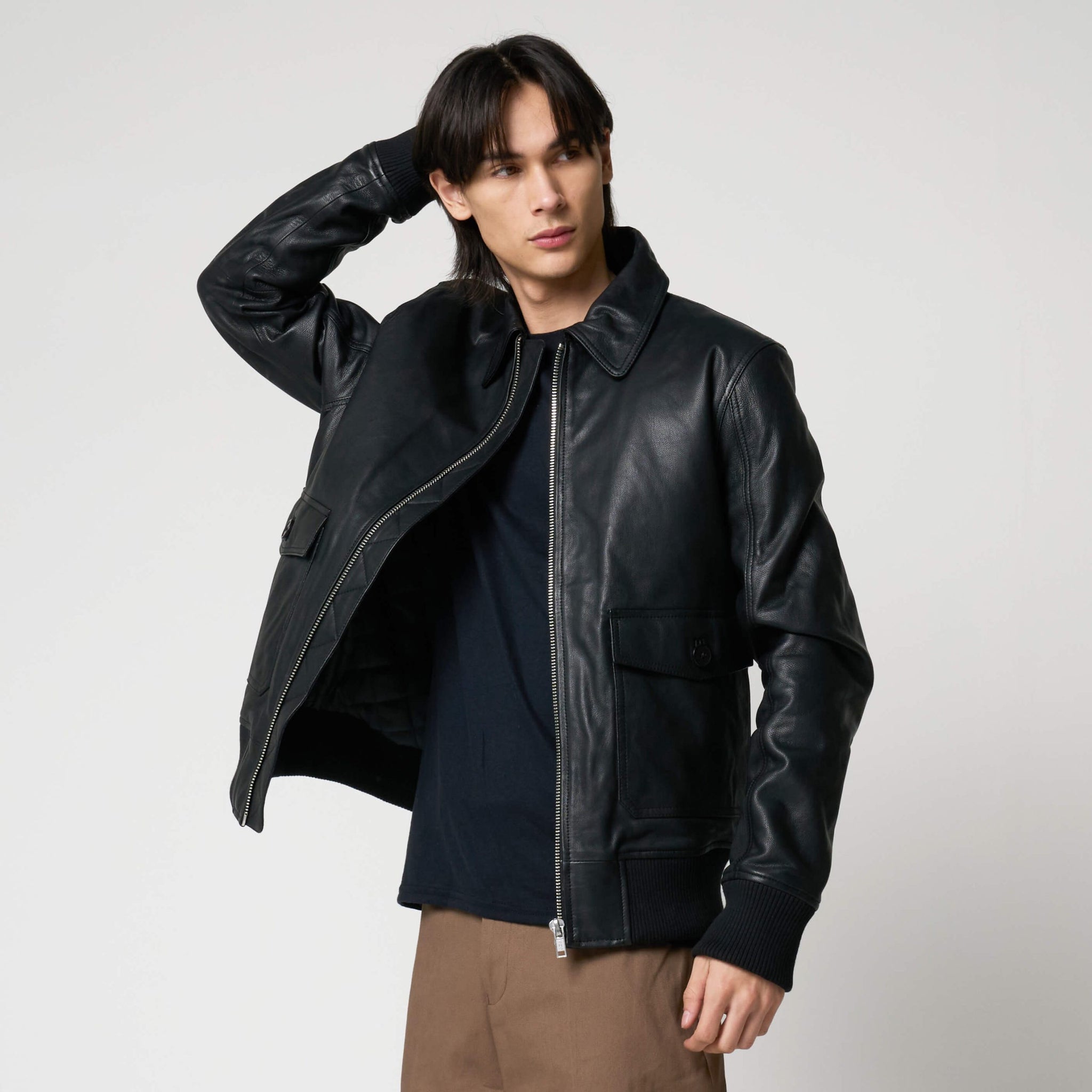 Men’s Goat Leather Patch Pocket Bomber Jacket