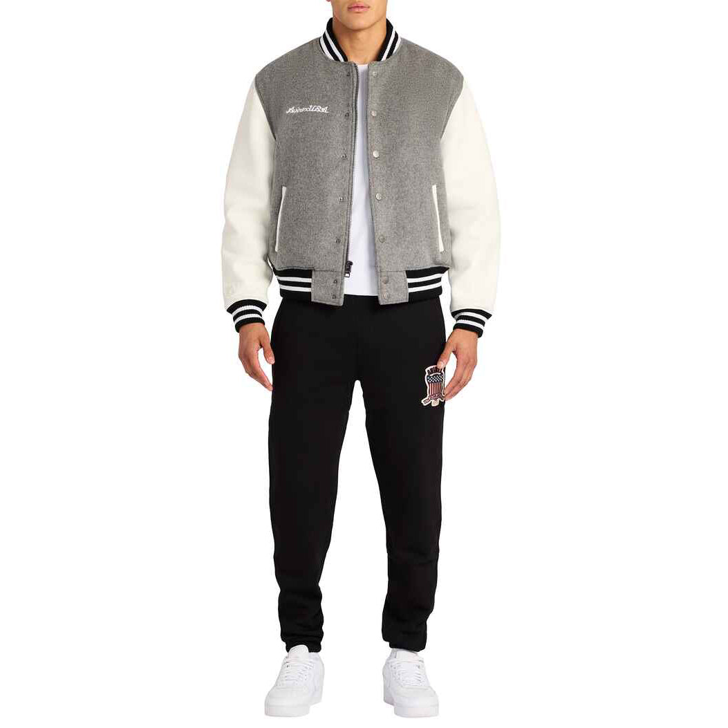 Graue Varsity-Lederjacke aus Wolle mit gestreiftem Kragen für Herren