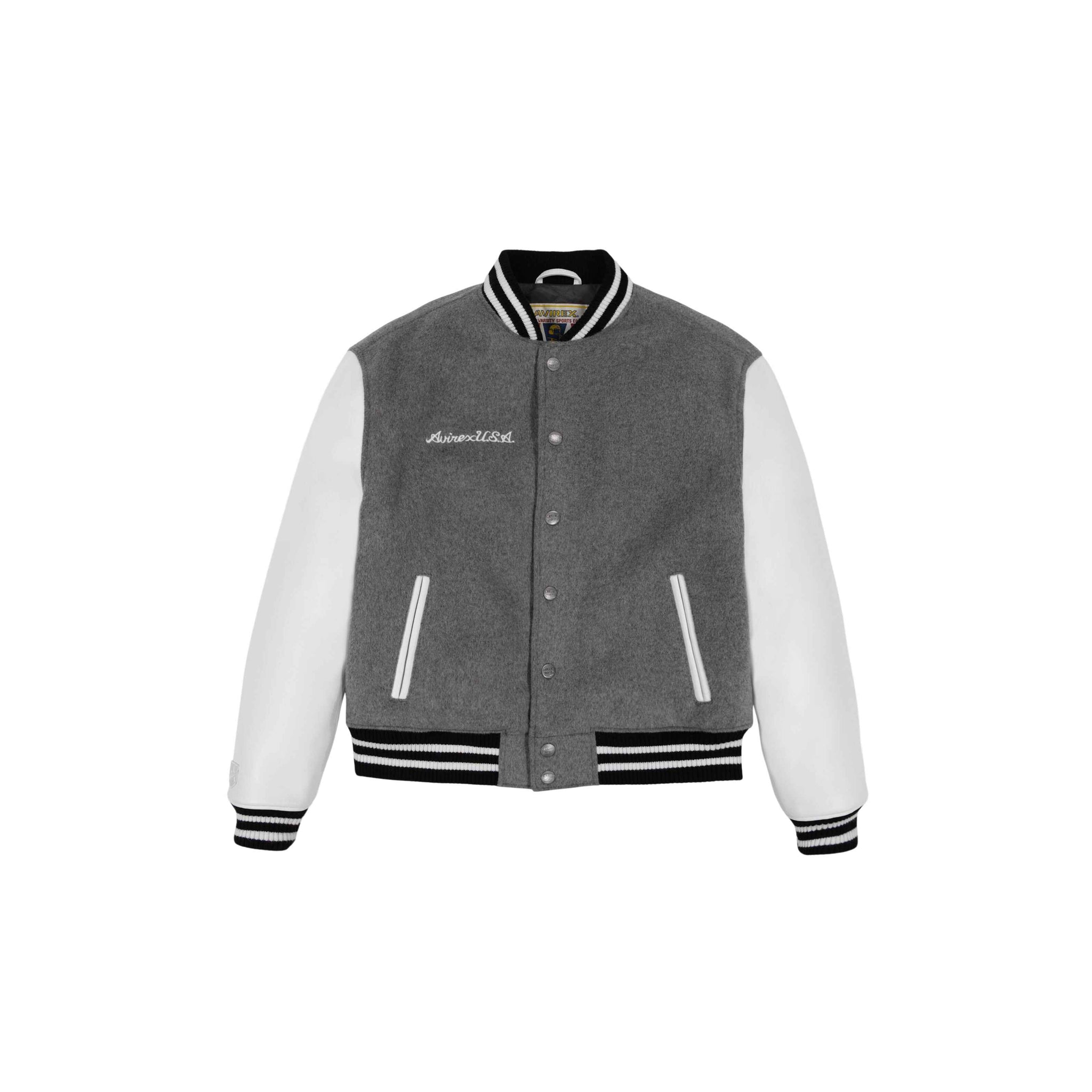 Graue Varsity-Lederjacke aus Wolle mit gestreiftem Kragen für Herren