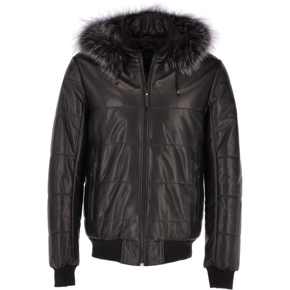 Men's Hooded Bomber Leather Jacket Black