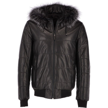 Men's Hooded Bomber Leather Jacket Black