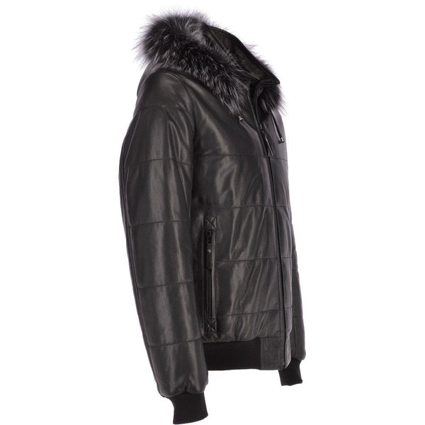 Men's Hooded Bomber Leather Jacket Black