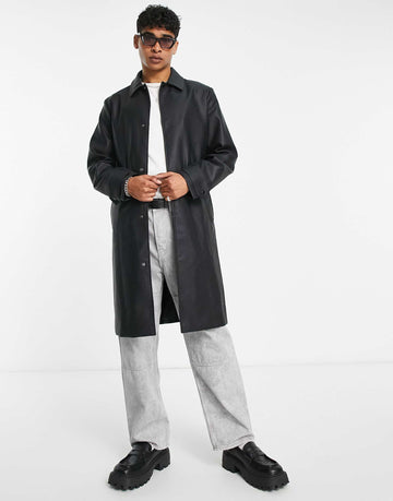 Men's Leather Trench Coat with Belt in Black