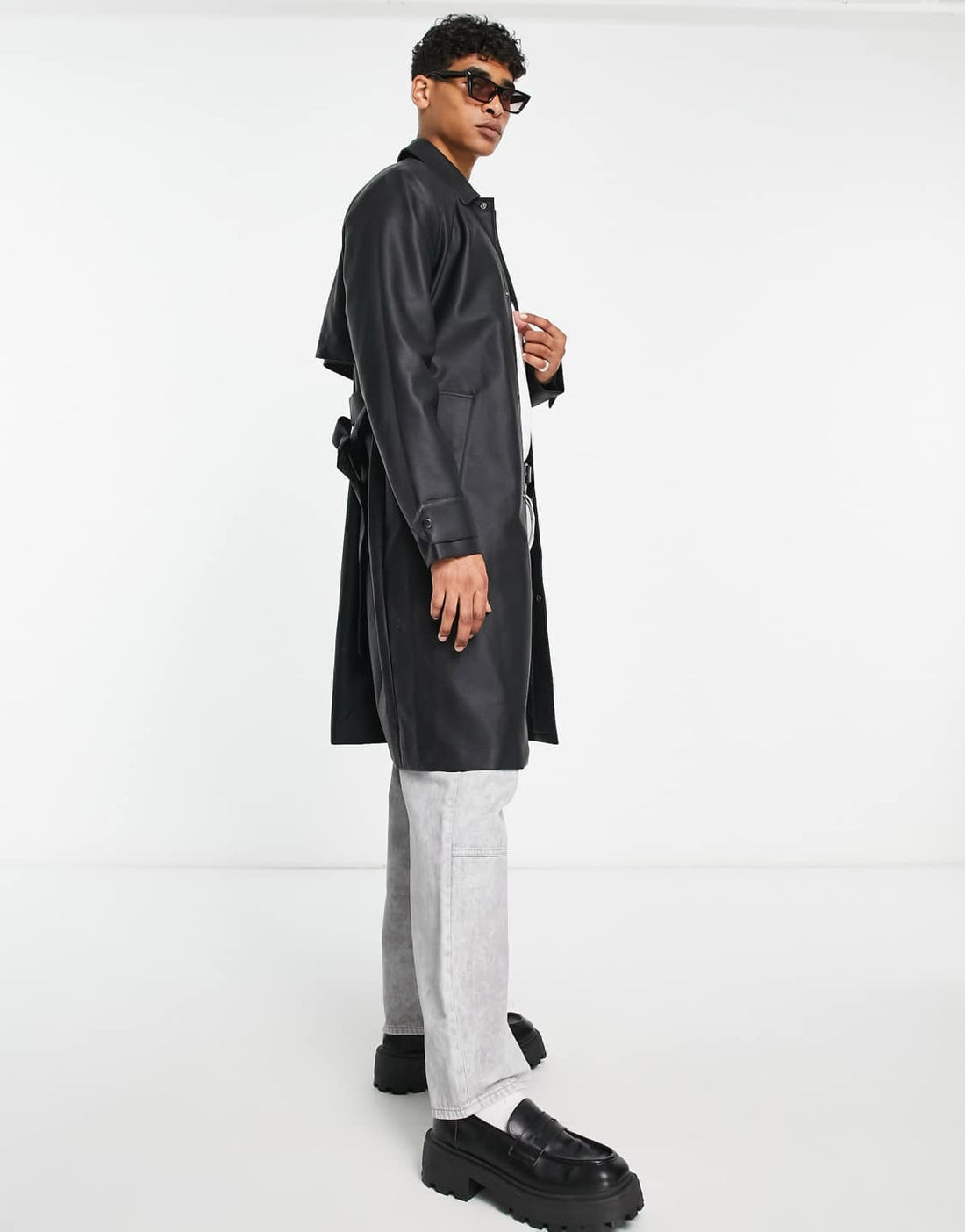 Men's Leather Trench Coat with Belt in Black