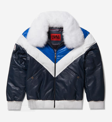 Men's Leather V-Bomber Jacket Navy/Blue/White with White Fox Fur
