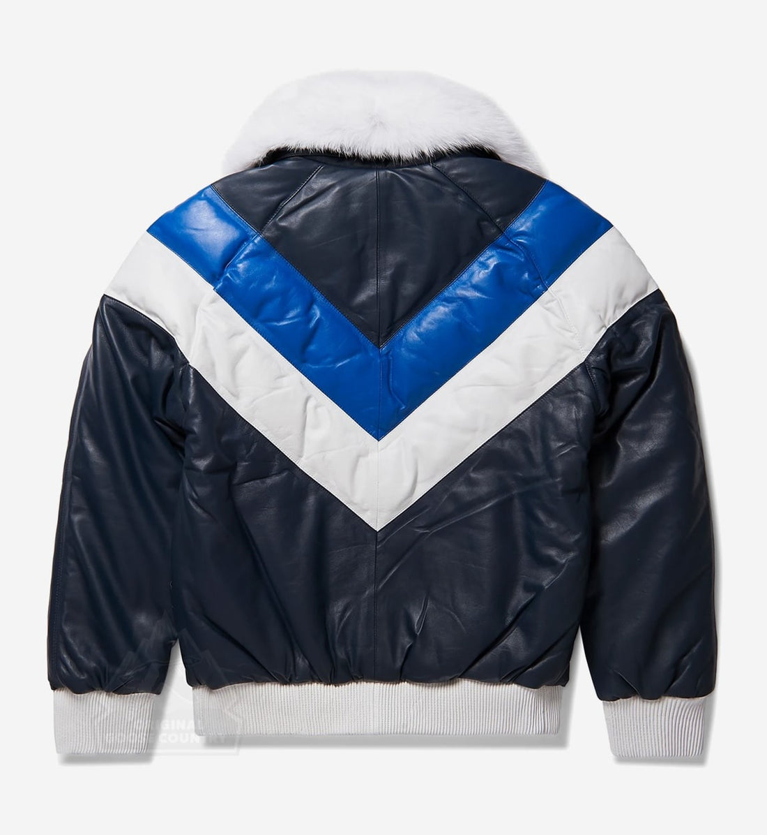 Men's Leather V-Bomber Jacket Navy/Blue/White with White Fox Fur
