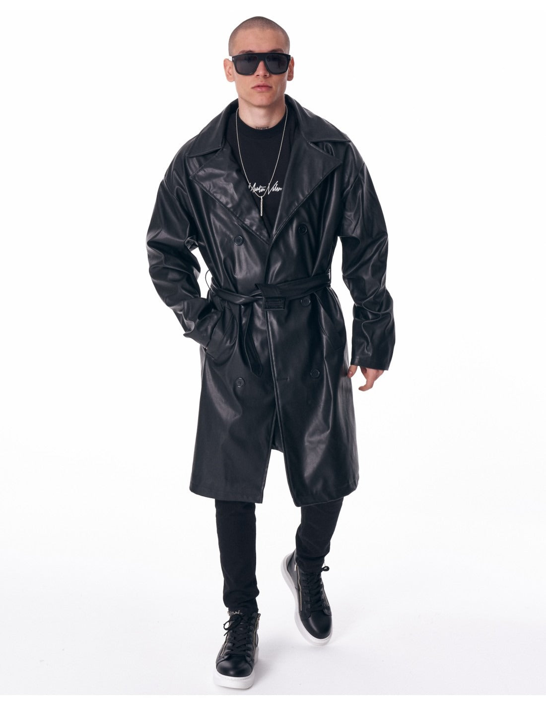 Men's Long Leather Trench Coat With Belt