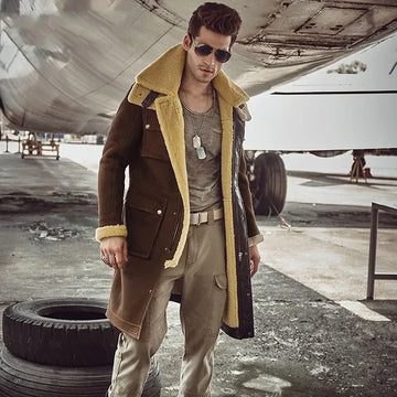 Men's Luxury X-Long Military Style Shearling Coat
