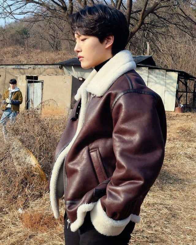 Men's Maroon Shearling Leather Jacket