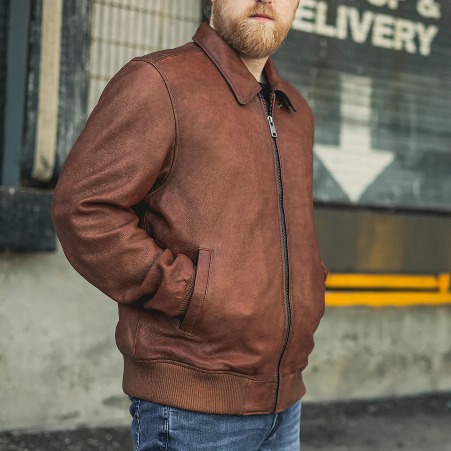 Men's Moto Bomber Leather Jacket Brown