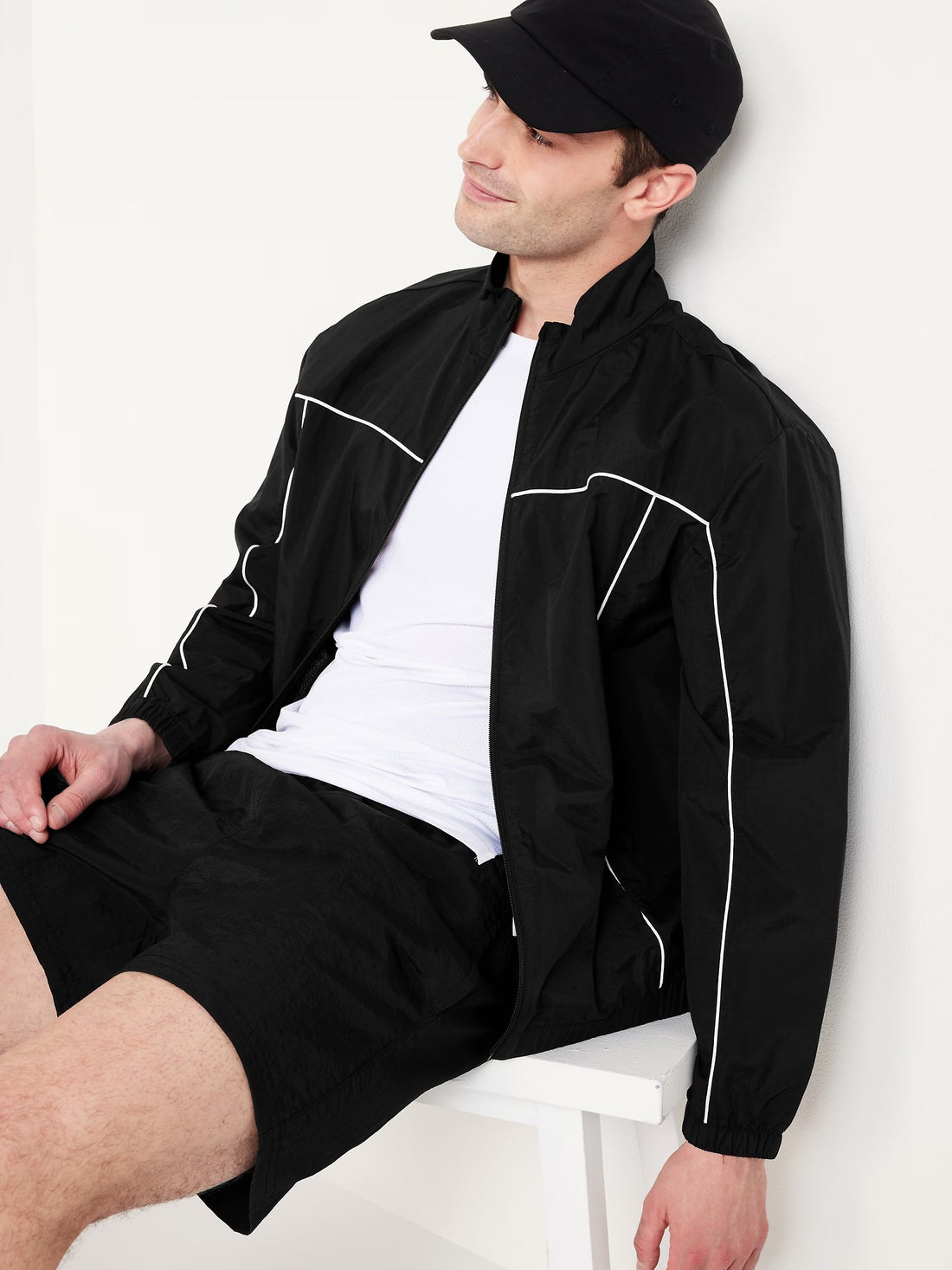 Men's Nylon Light Weight Track Jacket in Black