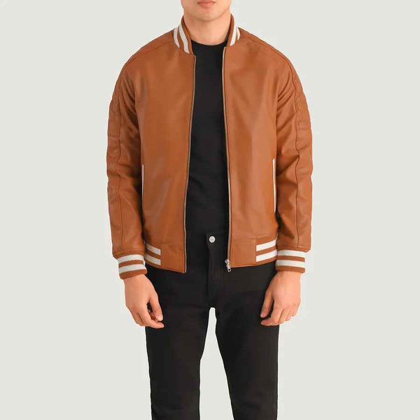Men's Pascal Tan Brown Leather Varsity Jacket