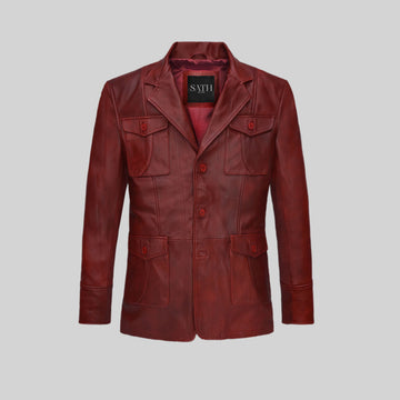 Men's Red Three Button  Leather Blazer
