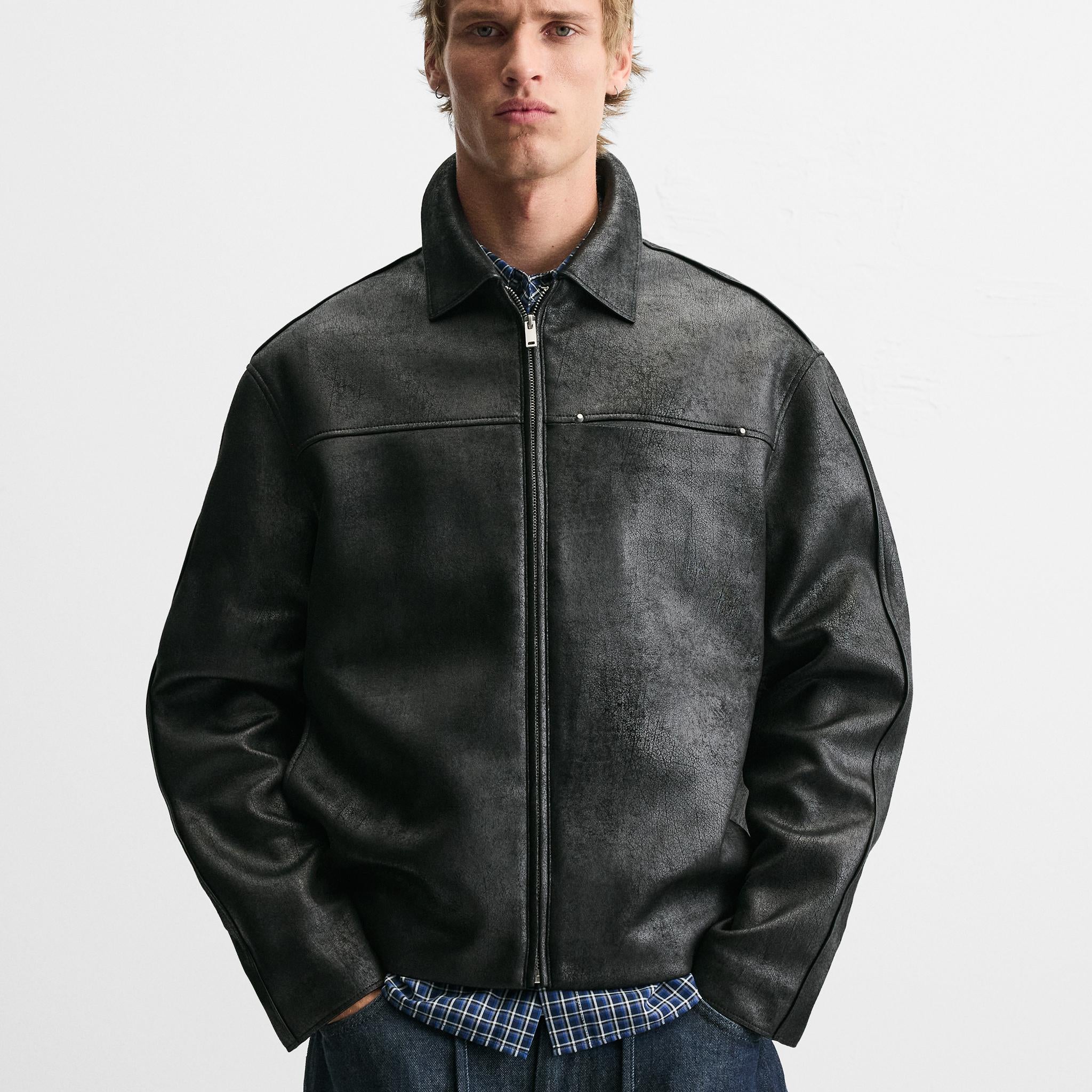 Men's Regular Fit Black Simple Leather Jacket