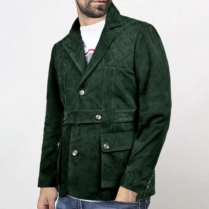 Men's Solid Safari Forest Suede Leather Blazer