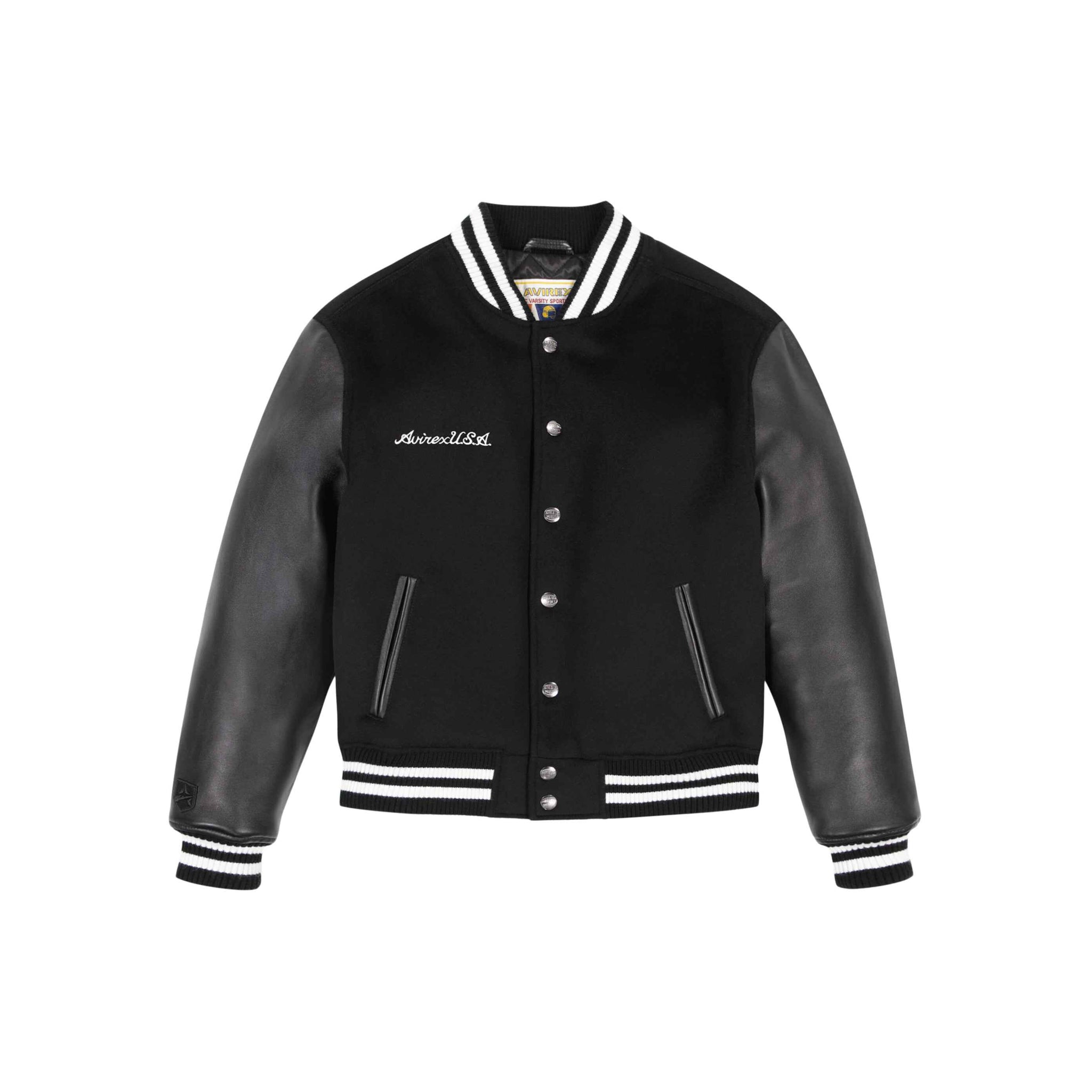 Schwarze Varsity-Lederjacke aus Wolle mit gestreiftem Kragen für Herren