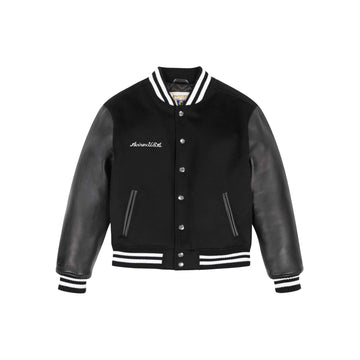 Schwarze Varsity-Lederjacke aus Wolle mit gestreiftem Kragen für Herren