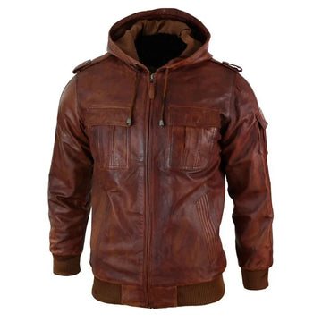 Men's Tan Regular Fit Leather Hooded Jacket