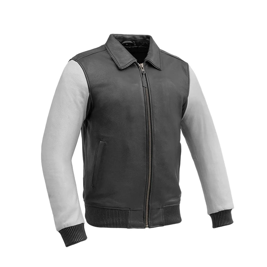 Men's Two Tone Moto Bomber Leather Jacket Black