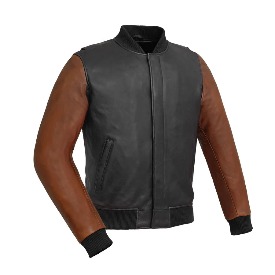 Men's Two Tone Willie Bomber Leather Jacket Light Brown/Black