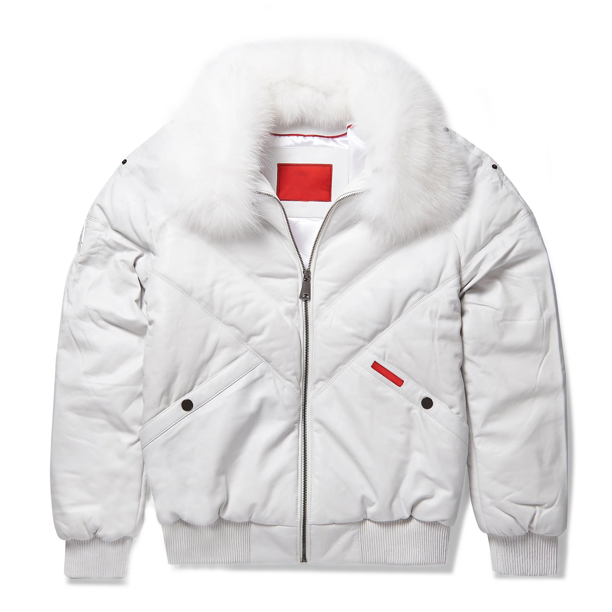 Men's White Detachable Fox Fur Collar V-Bomber leather Jacket
