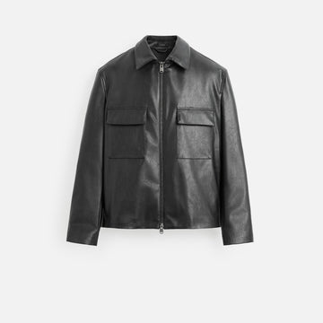 Men's Zip-Up Black Simple Leather Jacket Long Sleeves