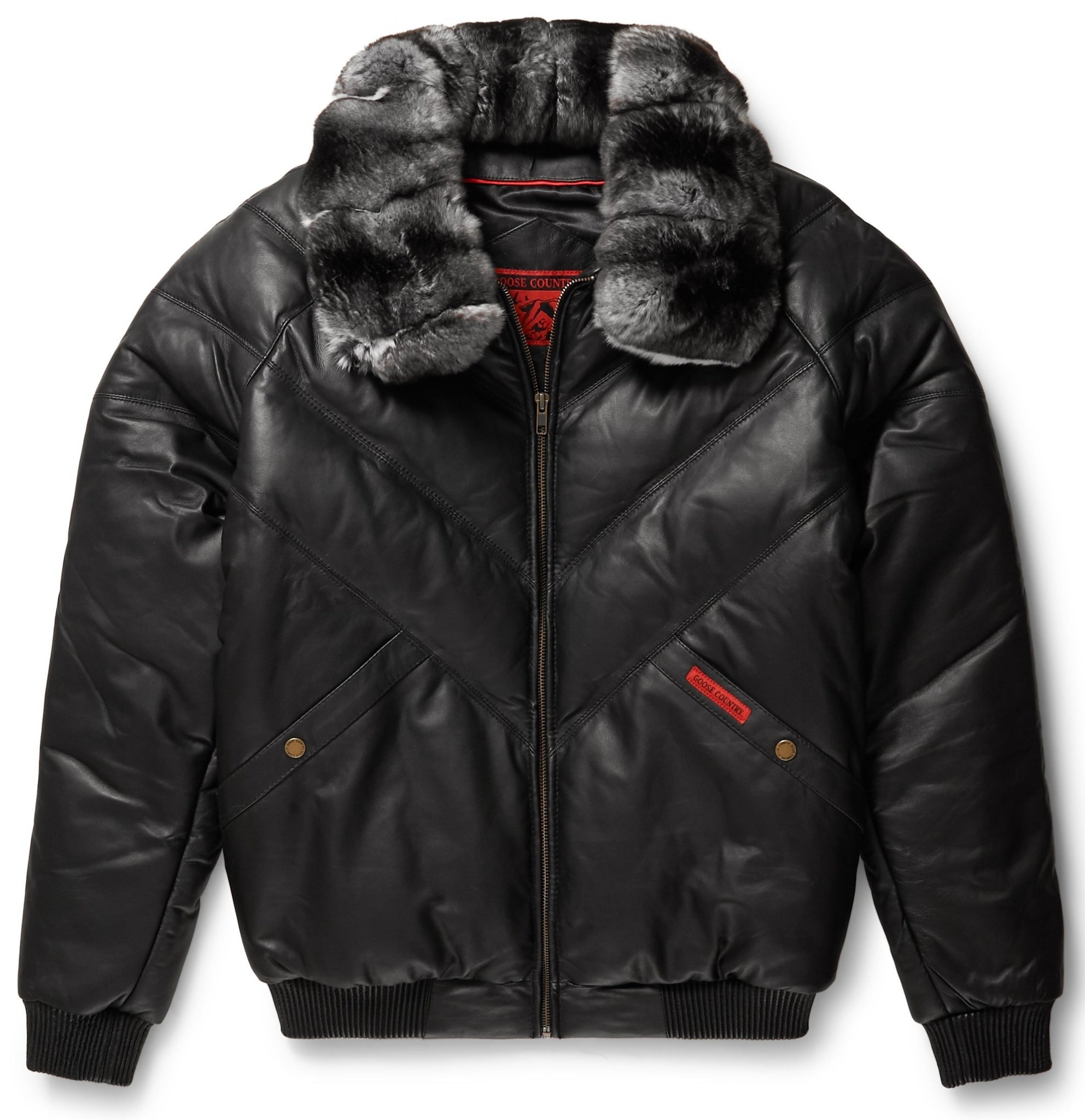 Men's Black Detachable Fox Fur Collar V-Bomber leather Jacket