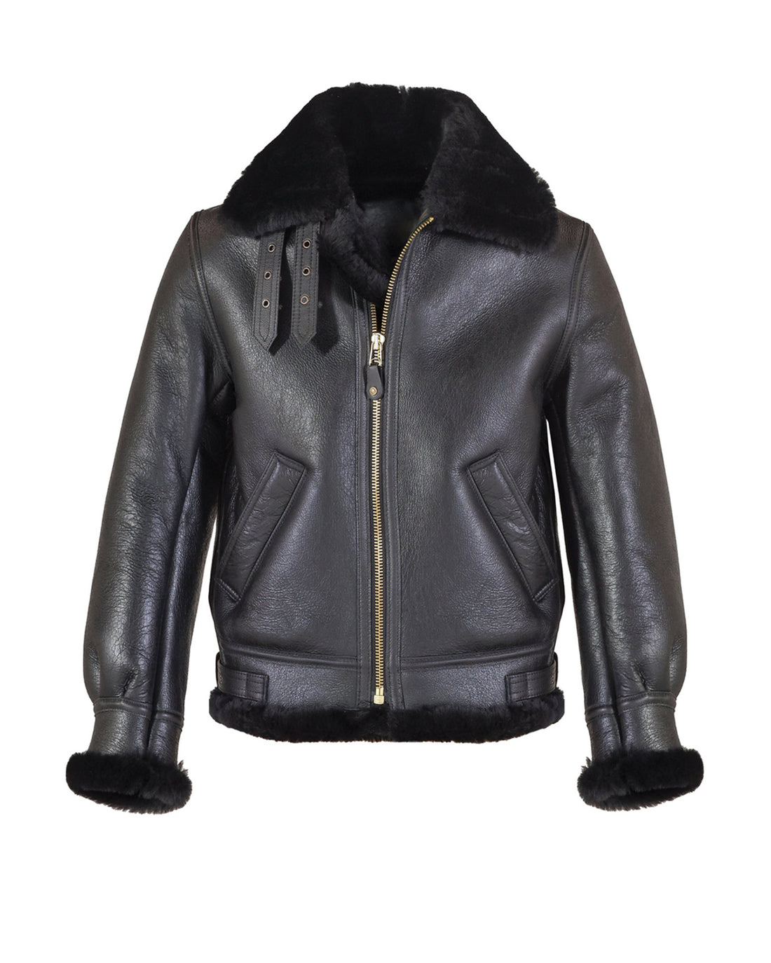 Chaqueta bomber clásica de piel de oveja B-3 para hombre, color negro/negro
