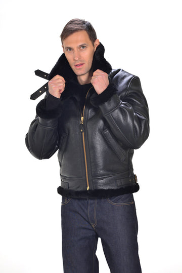 Klassische B-3 Bomberjacke aus Schaffellleder für Herren, Schwarz / Schwarz