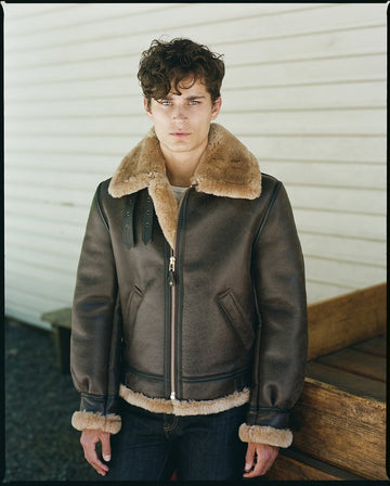 Men's Classic B-3 Sheepskin Leather Bomber Jacket Brown / Ginger