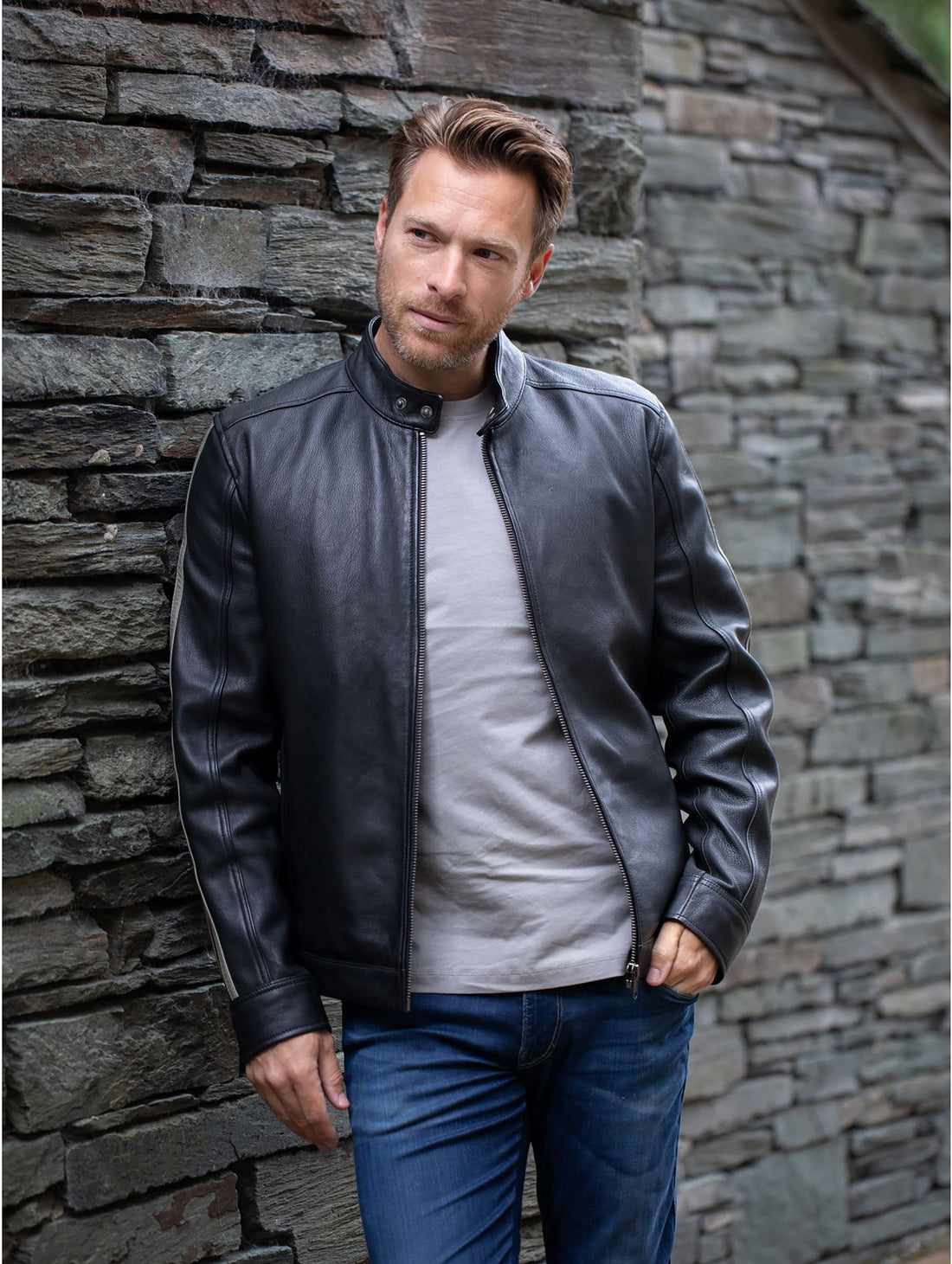 Sath Contrast Stripe Leather Biker Jacket
