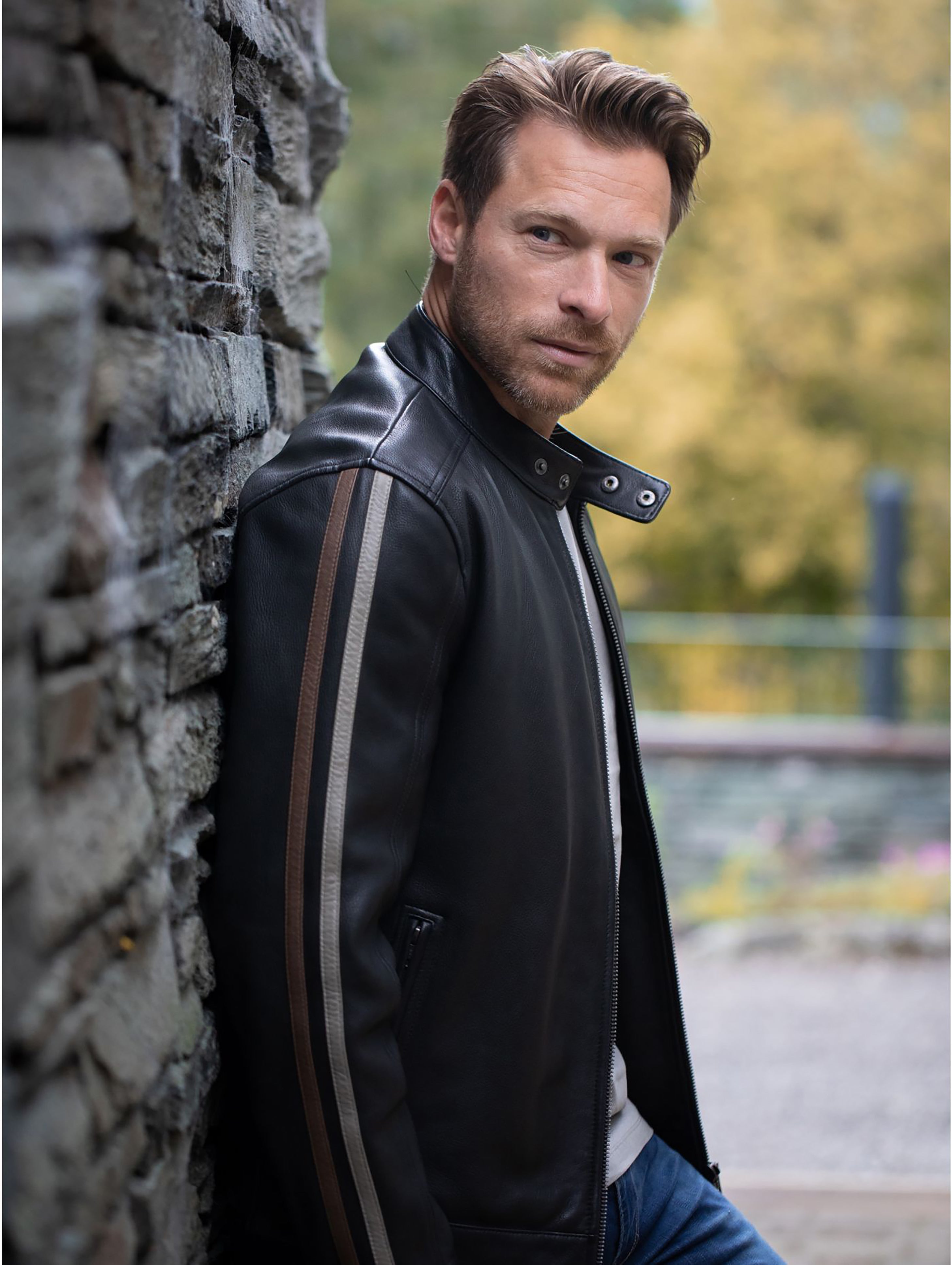 Sath Contrast Stripe Leather Biker Jacket