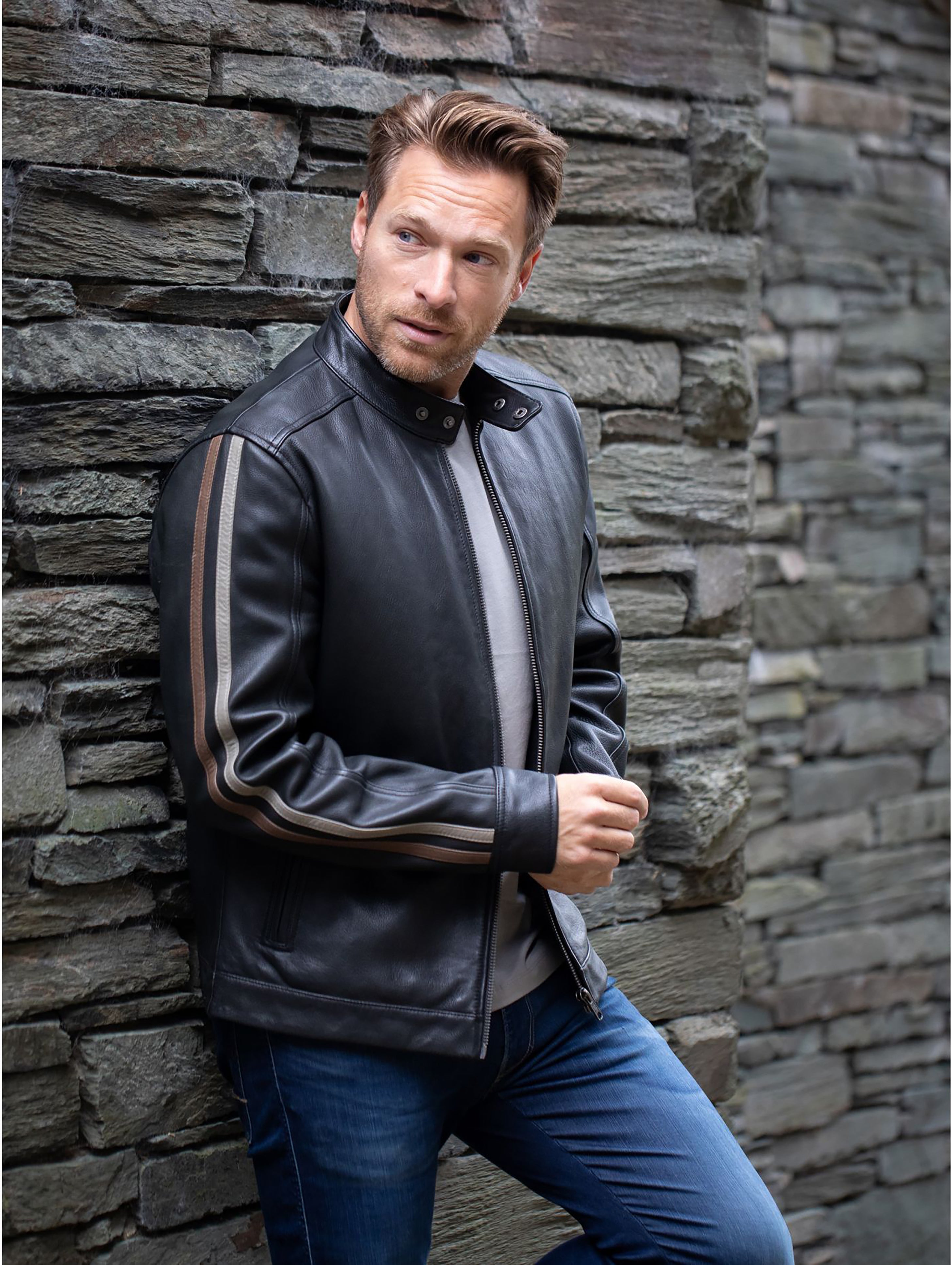 Sath Contrast Stripe Leather Biker Jacket