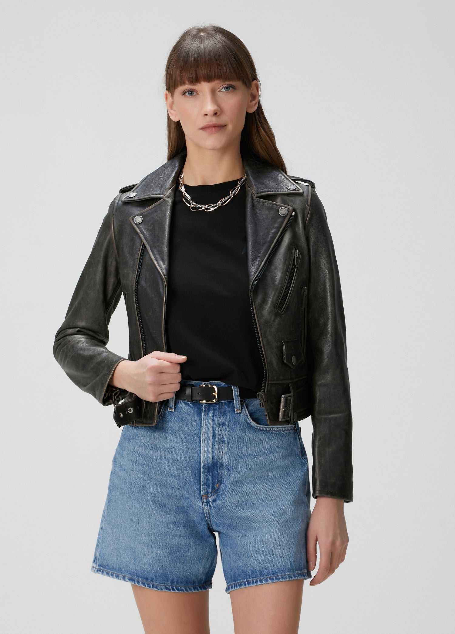 Women's Slim Fit Double Breasted Black Leather Biker Jacket