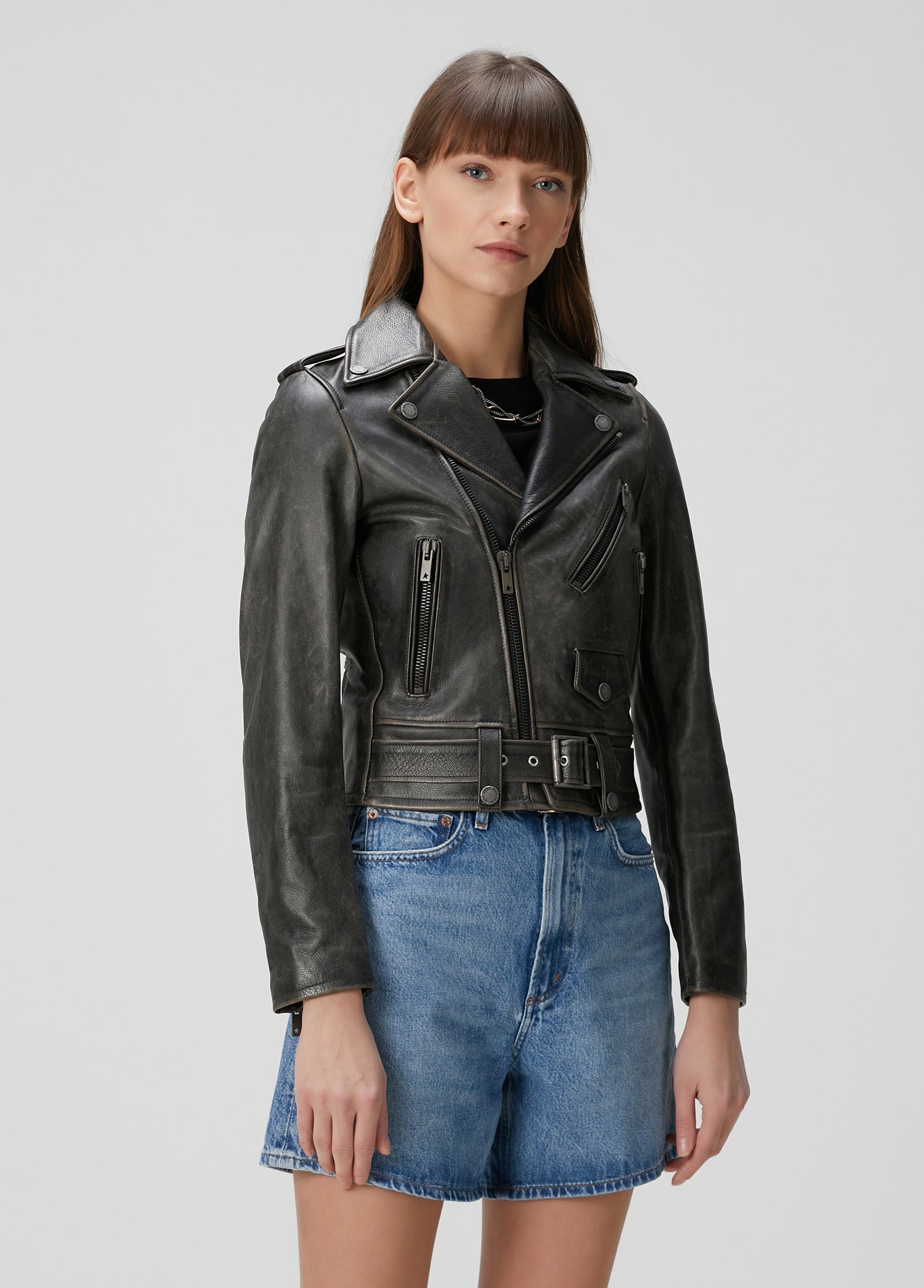 Women's Slim Fit Double Breasted Black Leather Biker Jacket