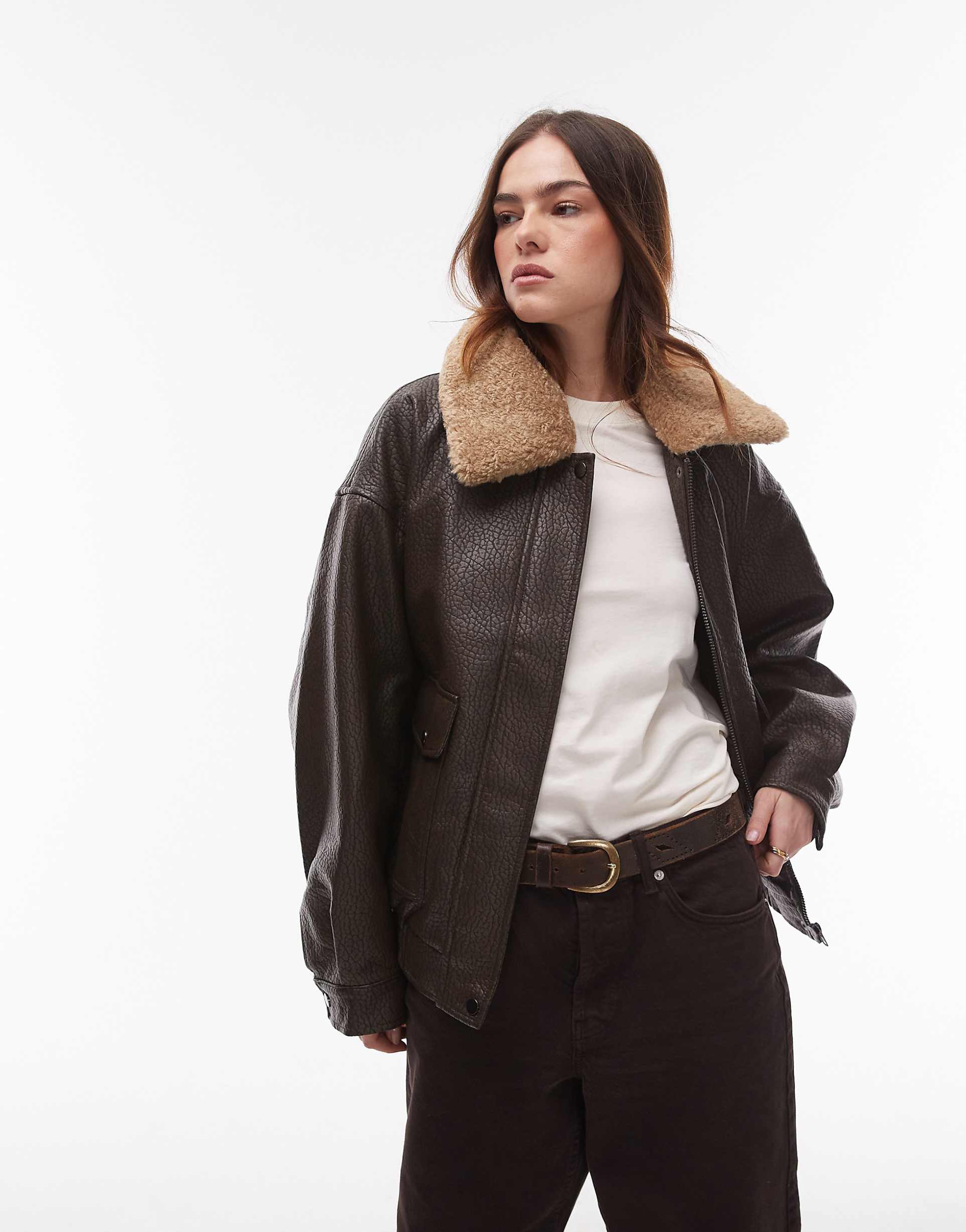 Faux Leather Jacket with Detachable Borg Collar