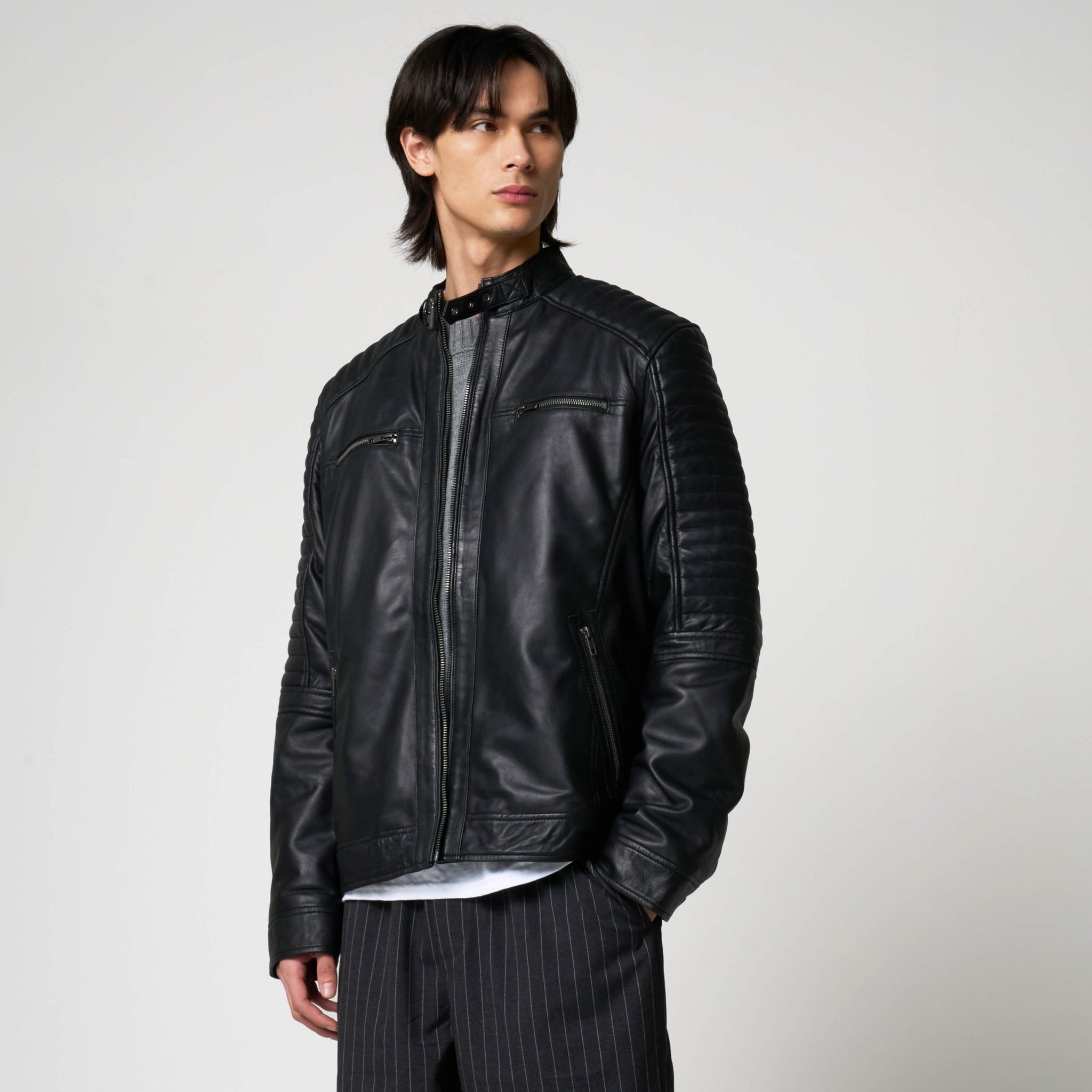 Men’s Leather Racer Jacket with Quilted Shoulders