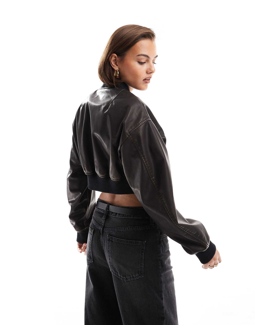 Washed Cropped Leather look Bomber Jacket