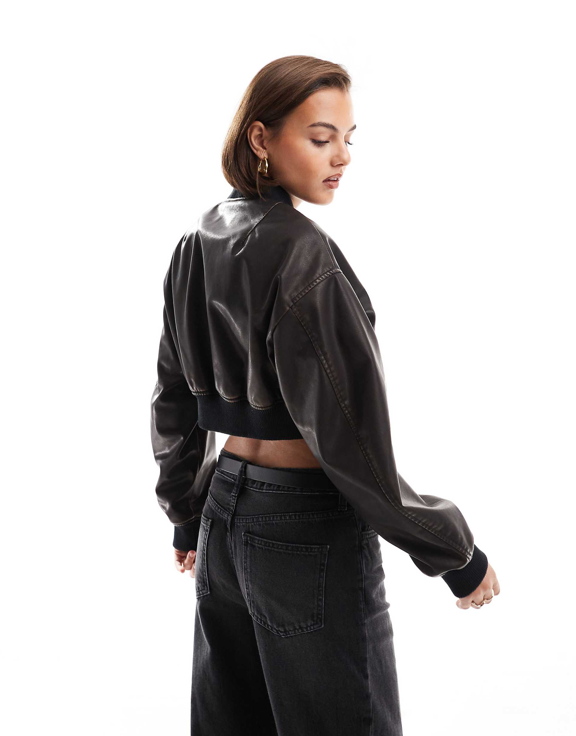 Washed Cropped Leather look Bomber Jacket