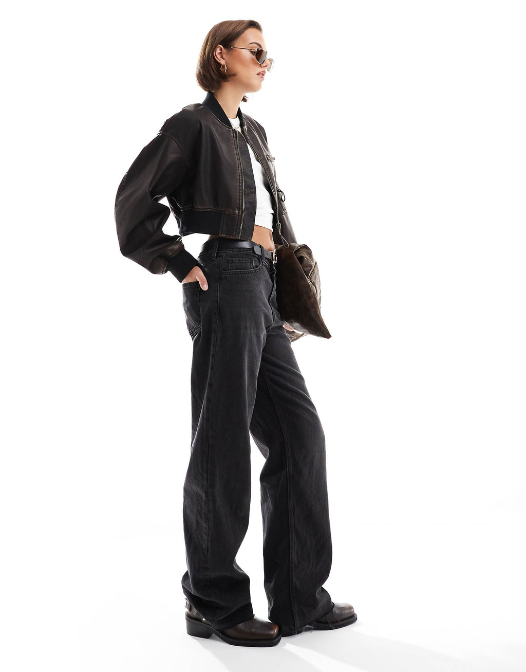 Washed Cropped Leather look Bomber Jacket