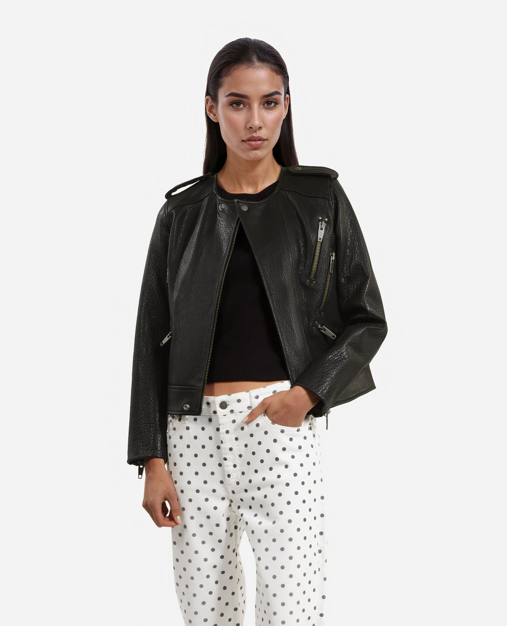 Women Black Simple Fashioned Leather Jacket