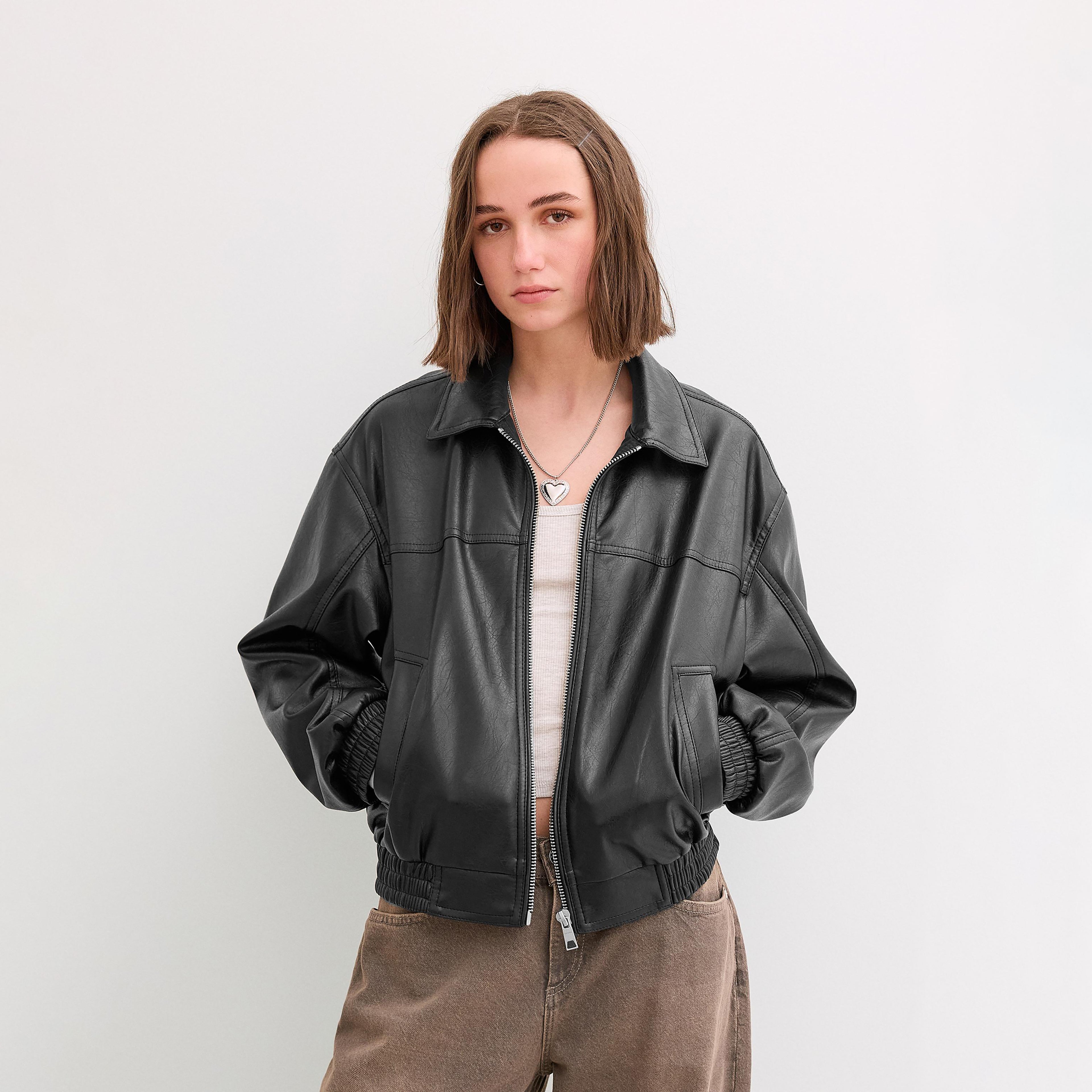 Women Bomber Faux Leather oversize Jacket